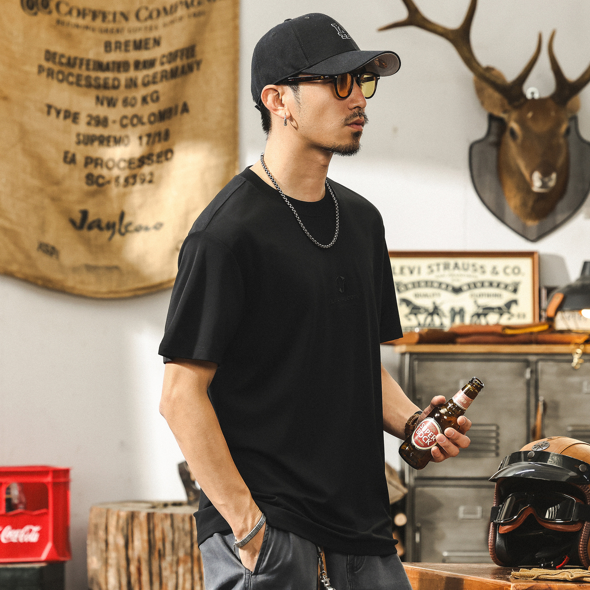 高級感桑蠶絲軟糯親膚短袖T恤男士夏季潮牌簡約刺繡寬鬆男士上衣