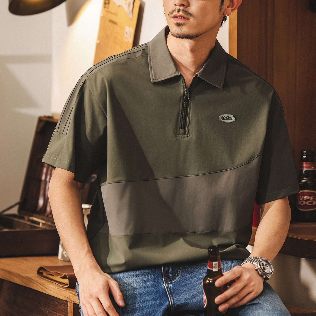 山系戶外美式復古短袖Polo衫男夏季薄款潮牌寬鬆T恤男半拉鍊上衣T