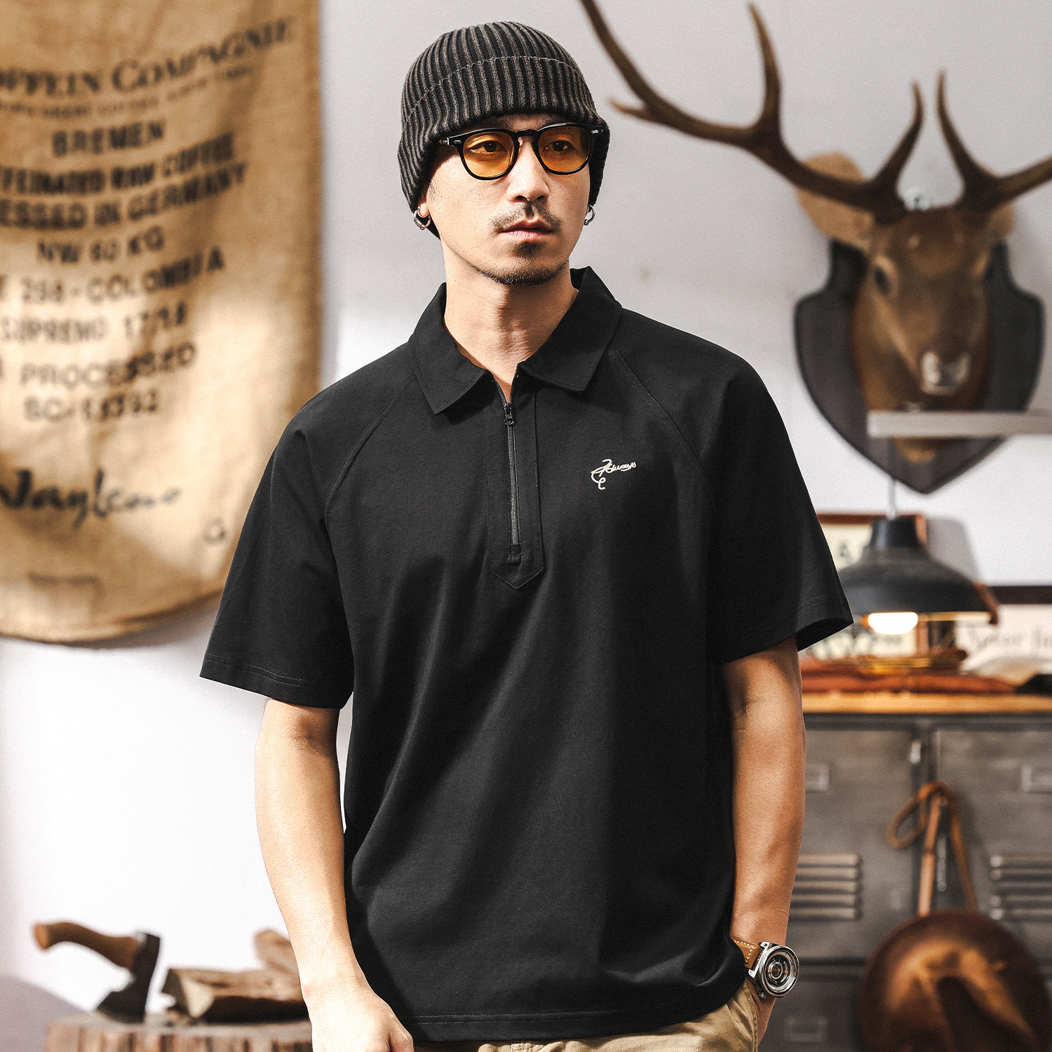 【彈力梭織】高端復古半拉鏈短袖男T恤夏季潮流百搭休閒POLO衫男T