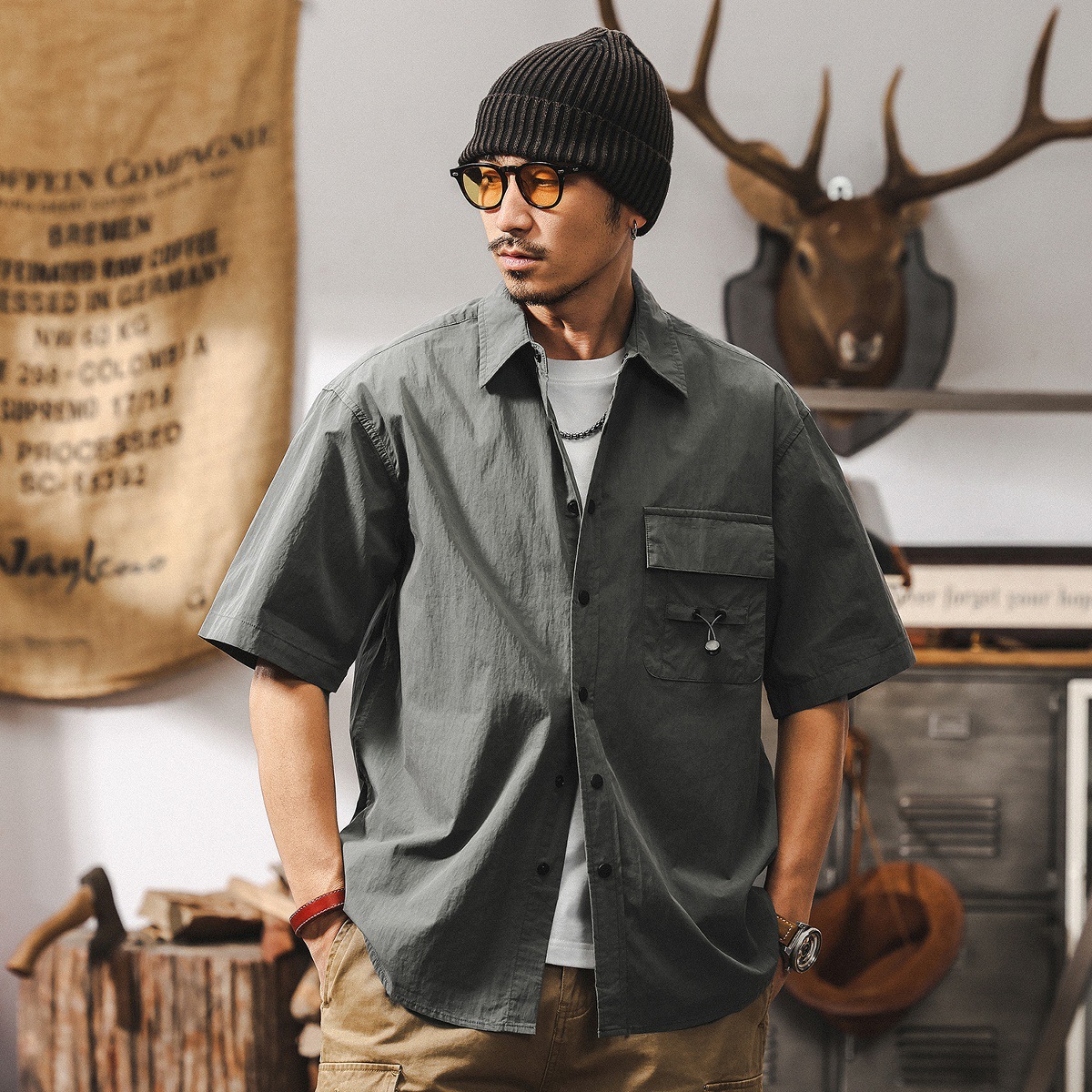 美式復古戶外機能短袖男夏季襯衫男士休閒外套山系遊獵半袖襯衣男