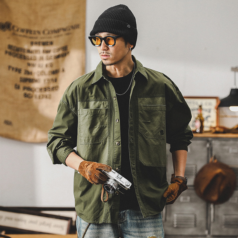 傑雷諾美式複古拼接工裝襯衫男秋季潮牌寬松休閑襯衣長袖男款外套
