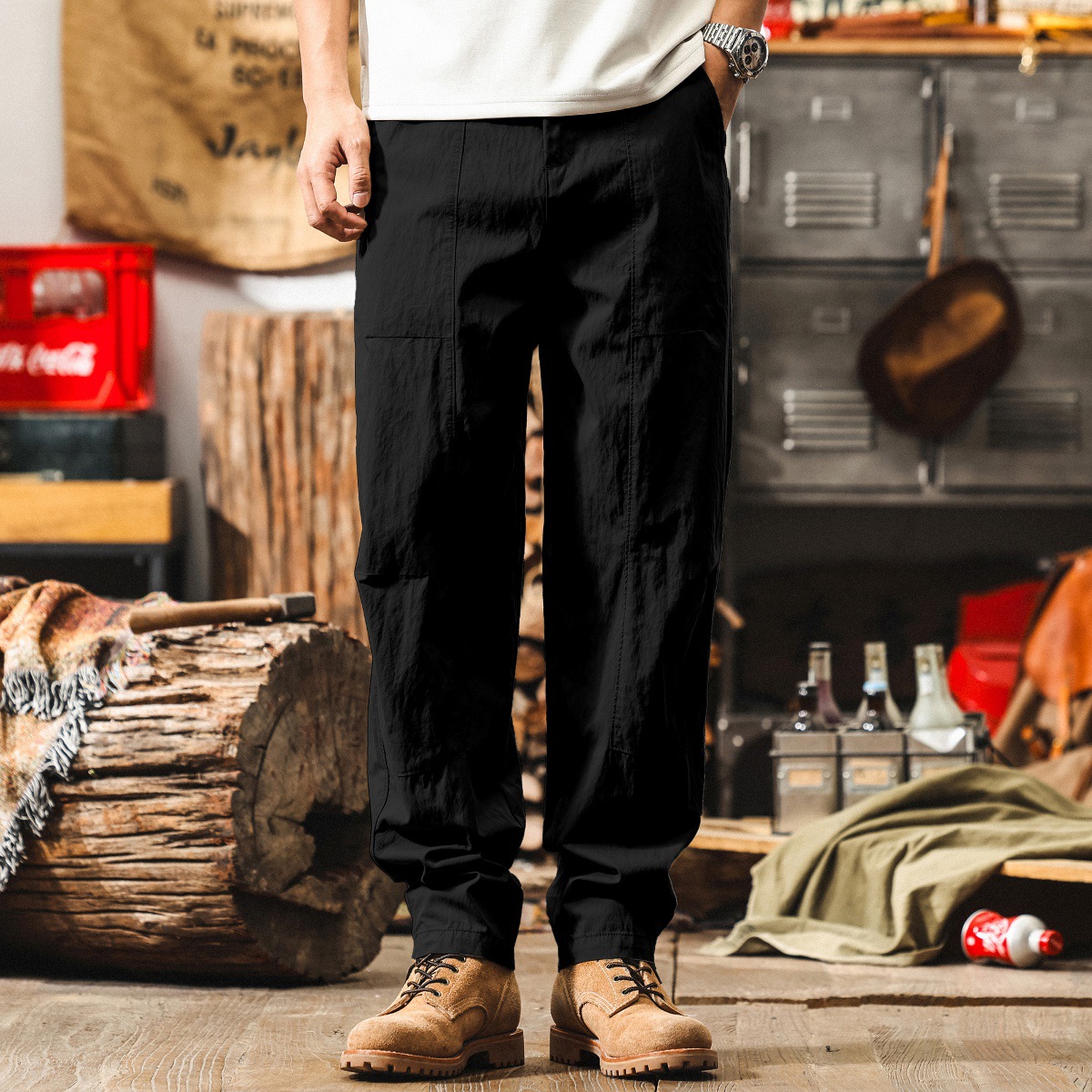 美式復古卡其色薄款工裝褲子男夏季寬鬆闊腿褲潮牌直筒男士休閒褲