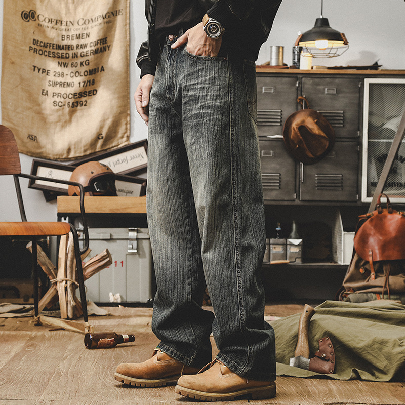 美式複古重磅牛仔褲男款潮牌高端秋季褲子男直筒寬松大碼休閑長褲