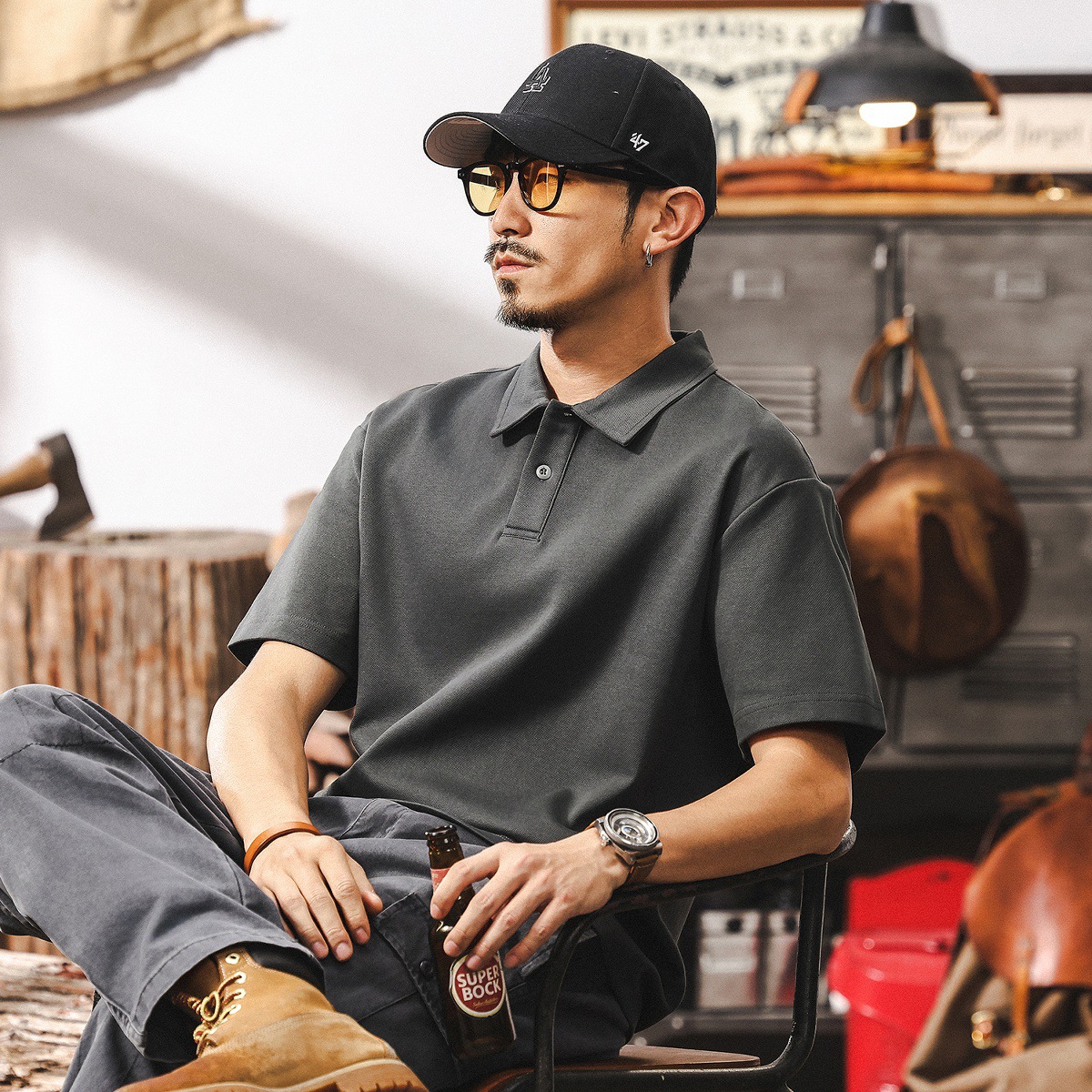 美式潮牌純色POLO衫男夏季短袖2025新款百搭簡約T恤寬鬆男士上衣