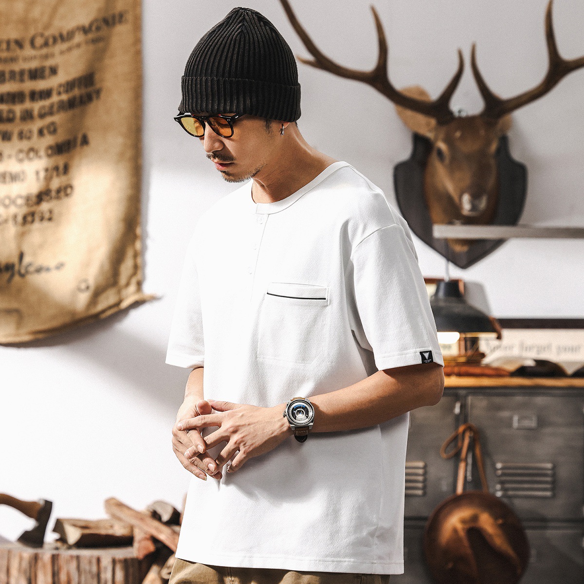 美式復古230g針織亨利領短袖T恤男夏季潮流百搭寬鬆休閒男士上衣