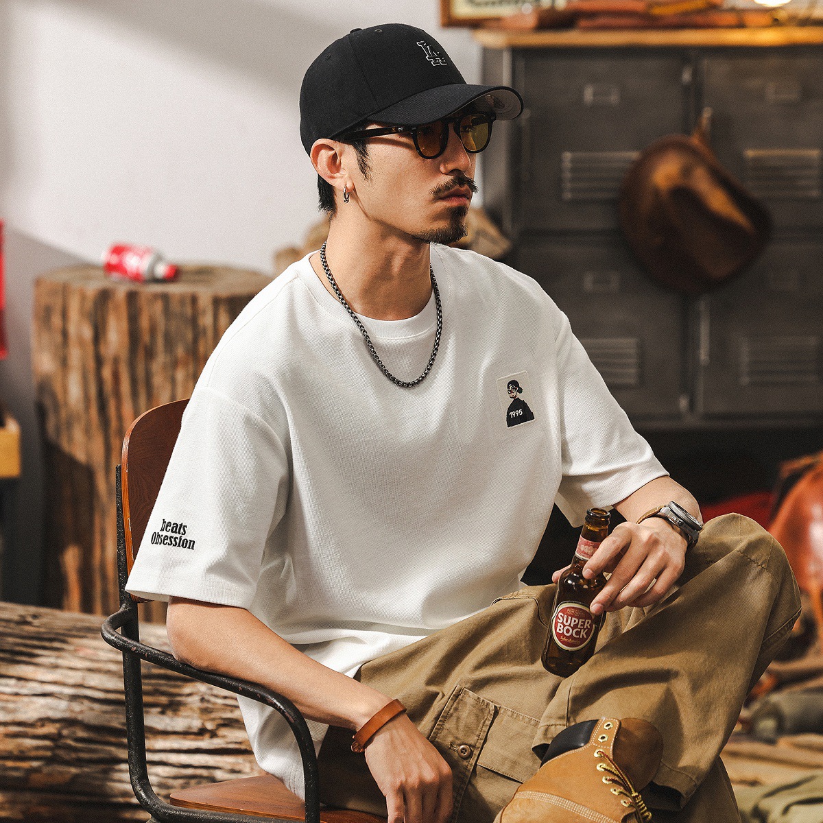 美式復古32支重磅肌理短袖男款T恤夏季寬鬆潮牌簡約刺繡男士上衣