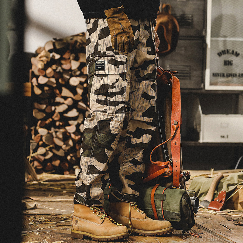 美式重磅復古工裝褲子男秋冬款2024年新款潮牌寬鬆直筒迷彩休閒褲
