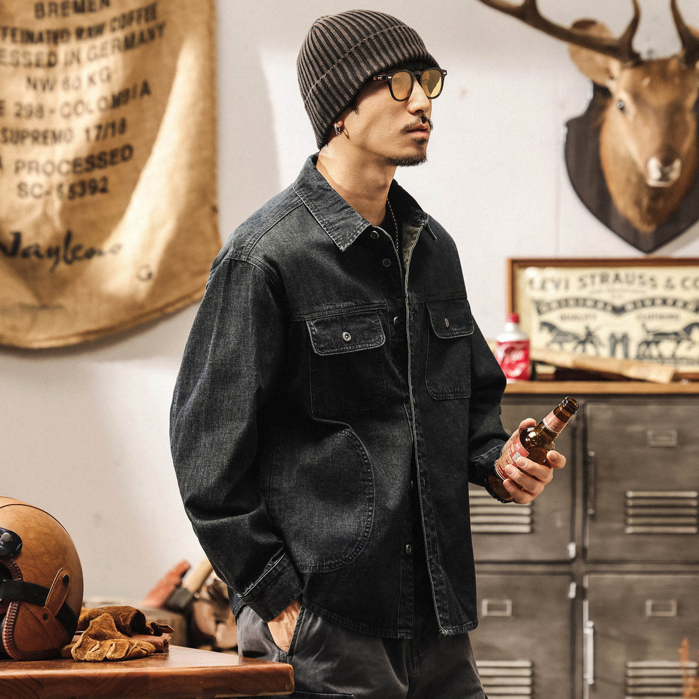 美式復古靛藍色牛仔襯衫男春秋新款保色水洗寬鬆長袖襯衣工裝外套