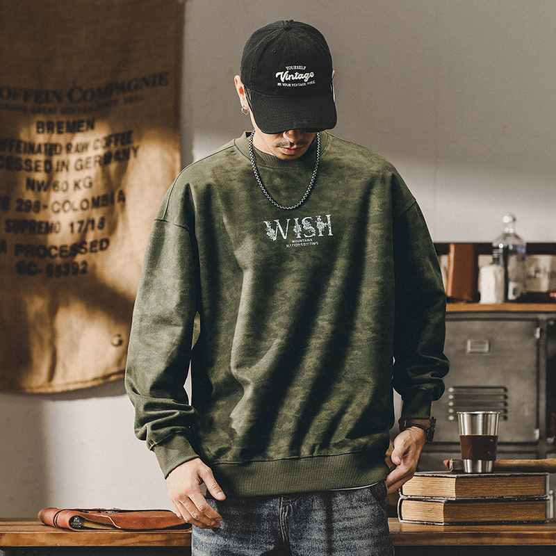 杰雷諾美式迷彩重磅復古麂皮絨男士衛衣秋冬款潮牌打底衫長袖上衣