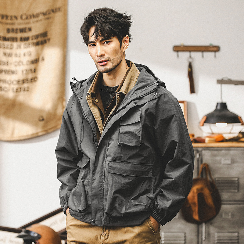 美式復古工裝外套男春秋款潮牌戶外防風衝鋒衣男機能連帽教練夾克