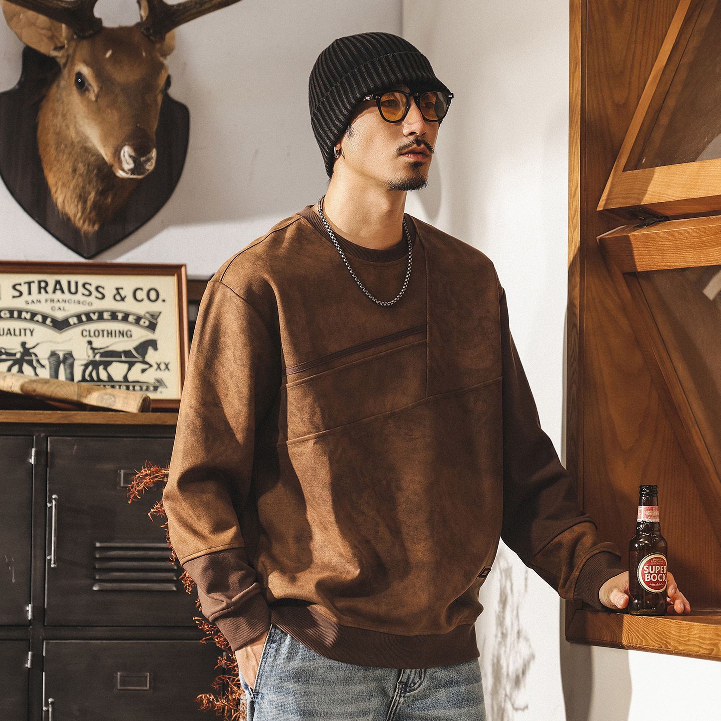 美式復古麂皮絨衛衣男春秋2025新款潮流設計感350g重磅寬鬆上衣男