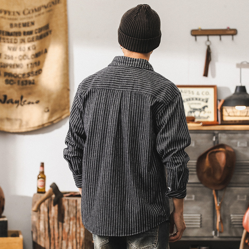 美式經典復古條紋襯衫男長袖秋季潮牌通勤百搭休閒寬鬆襯衣外套男