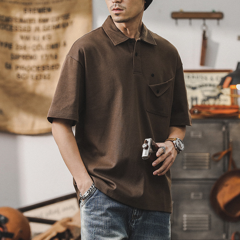 美式復古重磅polo衫短袖男夏季寬鬆休閒古著上衣簡約設計感男T恤
