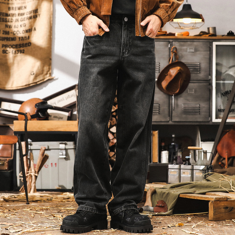 美式重磅復古黑色牛仔褲子男秋季2024新款寬鬆潮牌大碼直筒闊腿褲