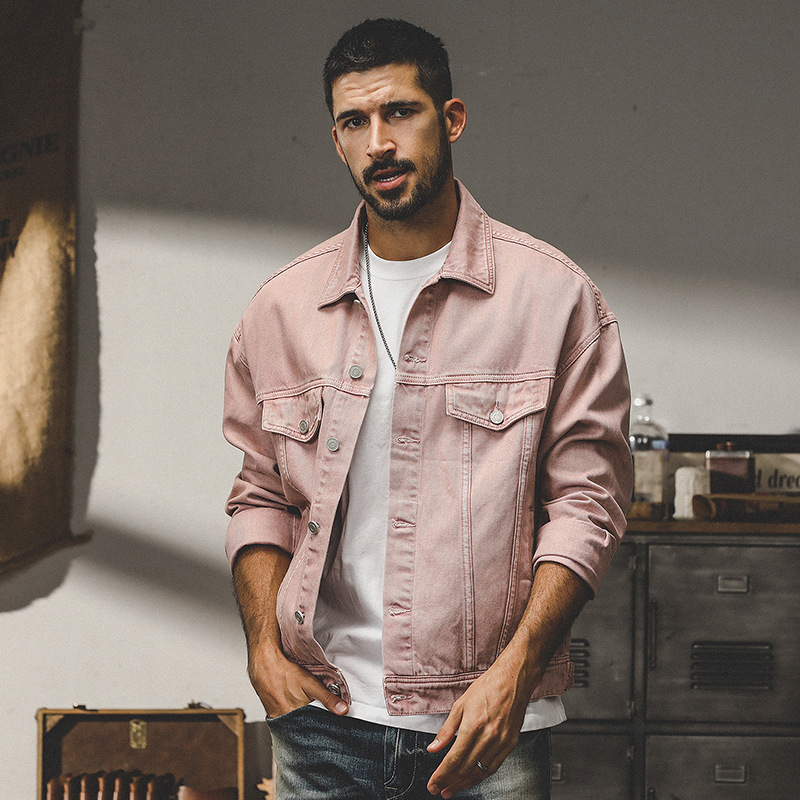 美式復古多巴胺粉色牛仔外套男士秋冬款潮流水洗阿蘇特工裝夾克男