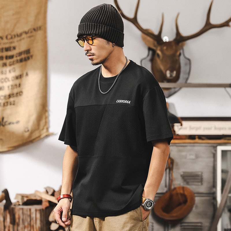 美式涼感科技面料T恤短袖男春季2025新款復古拼接提花休閒上衣男