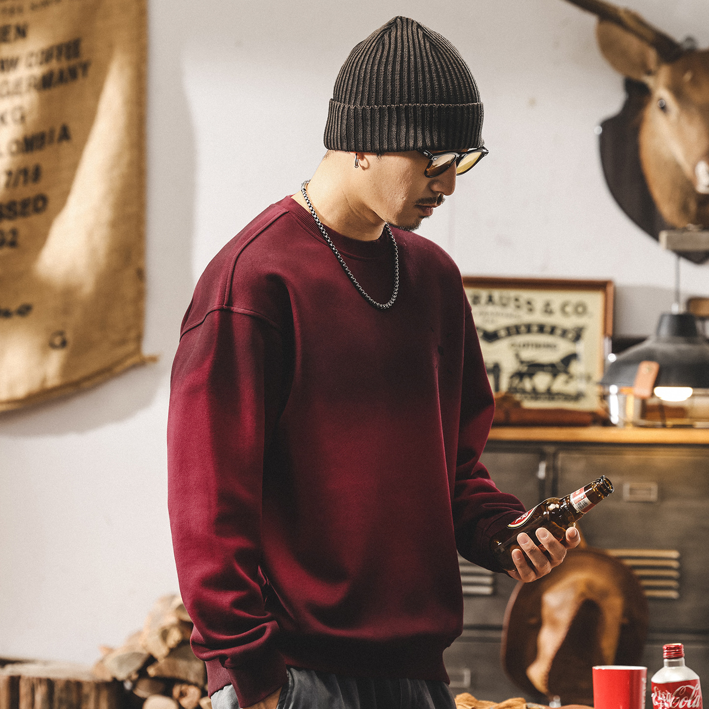 美式復古重磅圓領男士衛衣春秋新款潮牌安可拉紅寬鬆休閒秋季上衣