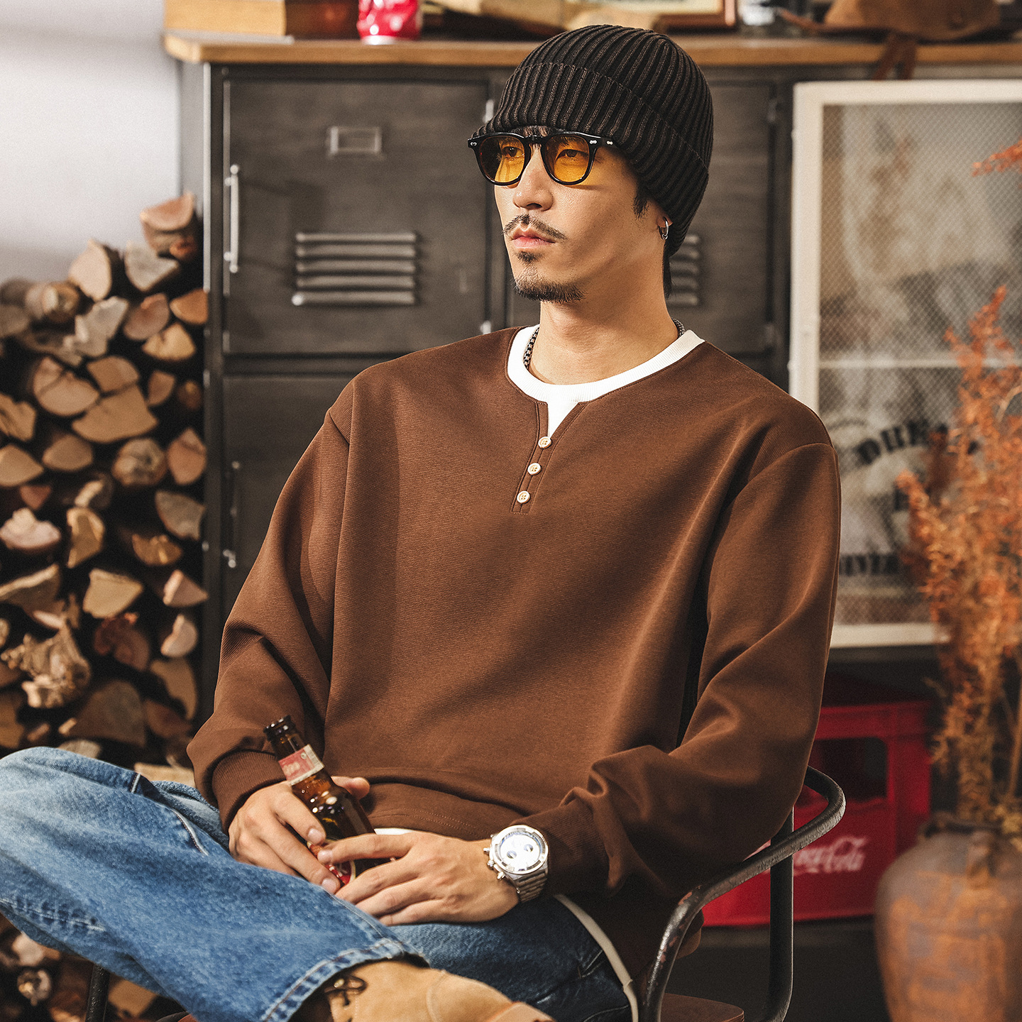 美式復古亨利領假兩件t恤男長袖春秋新款潮牌重磅衛衣寬鬆上衣男