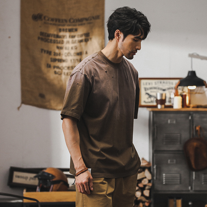 美式復古重磅T恤男夏季寬鬆潮牌高街個性漸變破洞水洗體恤男破洞T