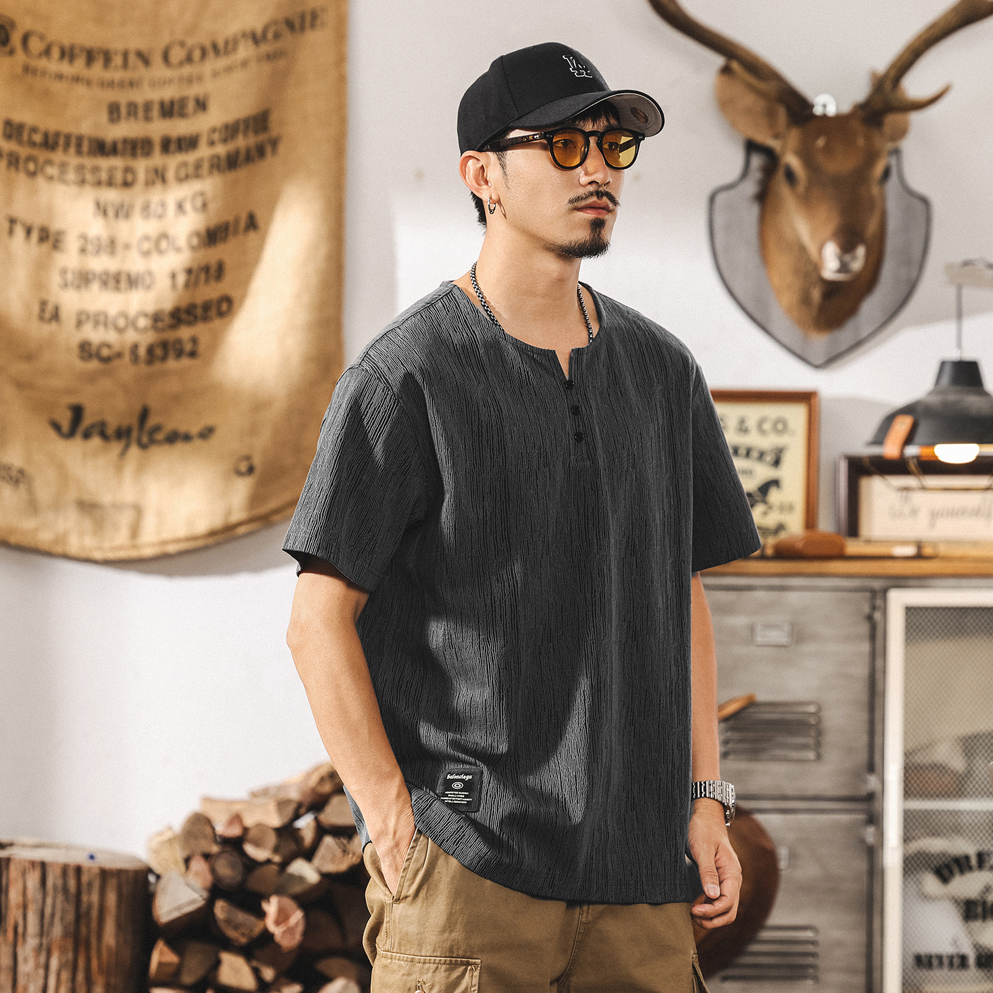 中式復古樹紋肌理感亨利領短袖T恤男夏季新款美式寬鬆重磅Polo衫