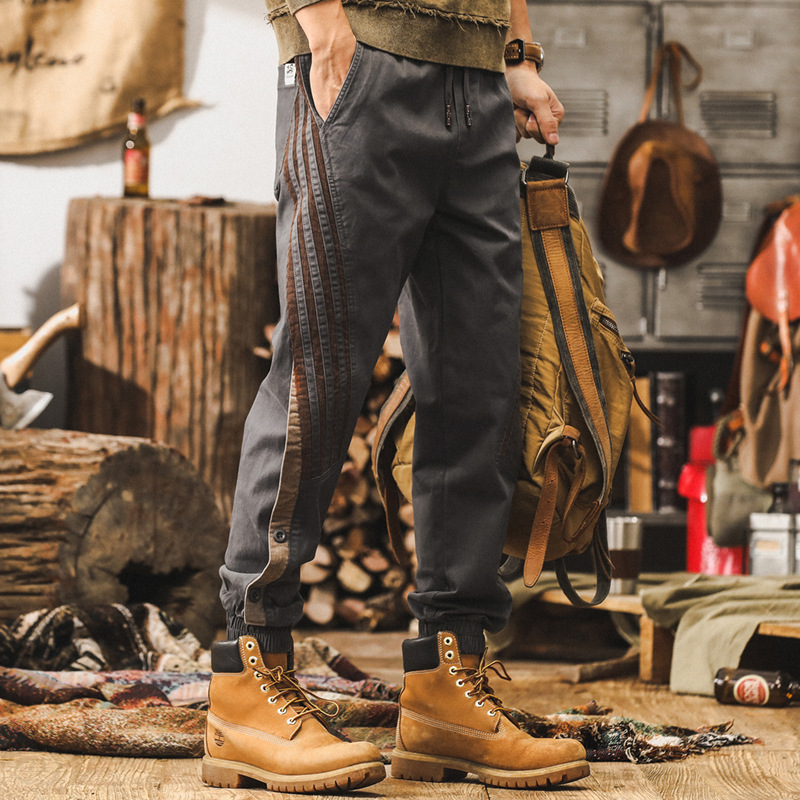 美式復古條紋拼接工裝褲子男秋季潮牌寬鬆卡其色束腳男士休閒長褲