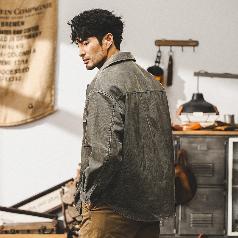 美式重磅燈芯絨長袖襯衫男工裝外套複古做舊秋季男款寬松休閑夾克