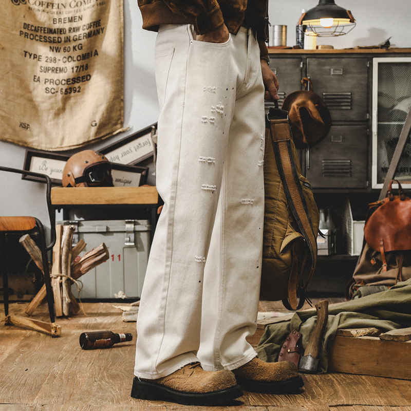 美式潮牌潑墨直筒牛仔褲男秋季寬松破洞休閑潮流白色褲子男春秋款