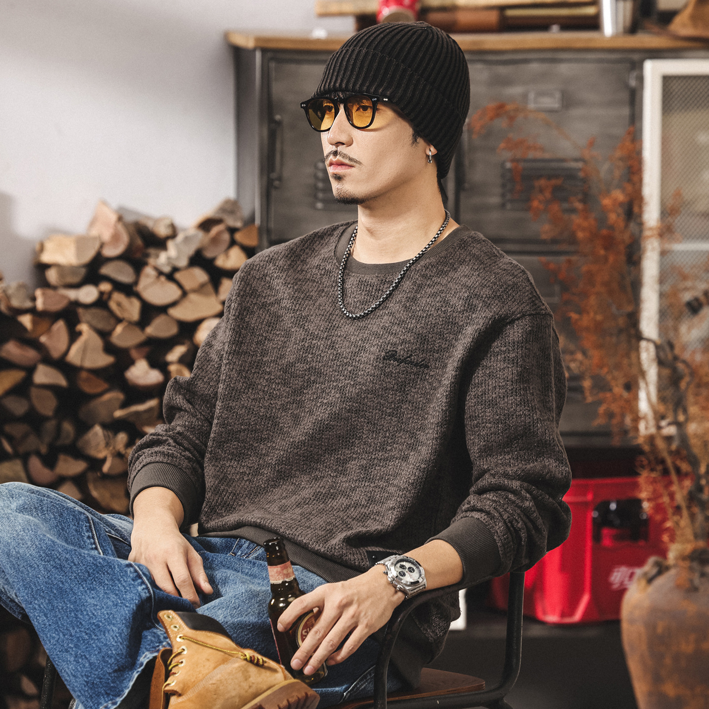 美式復古320g重磅加厚衛衣男冬季新款粗針混色毛線針織衫寬鬆毛衣