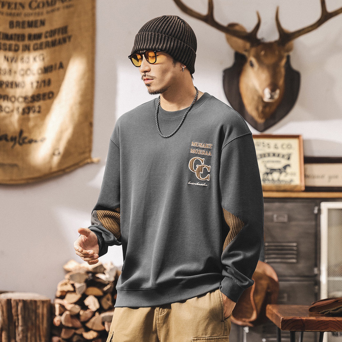 美式復古重磅拼接衛衣男春秋2025新款寬鬆大碼休閒秋季男士上衣潮