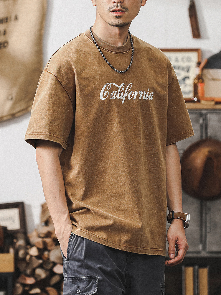 杰雷諾復古雪花水洗短袖T恤男夏季美式重磅硬挺體恤寬鬆上衣潮T男