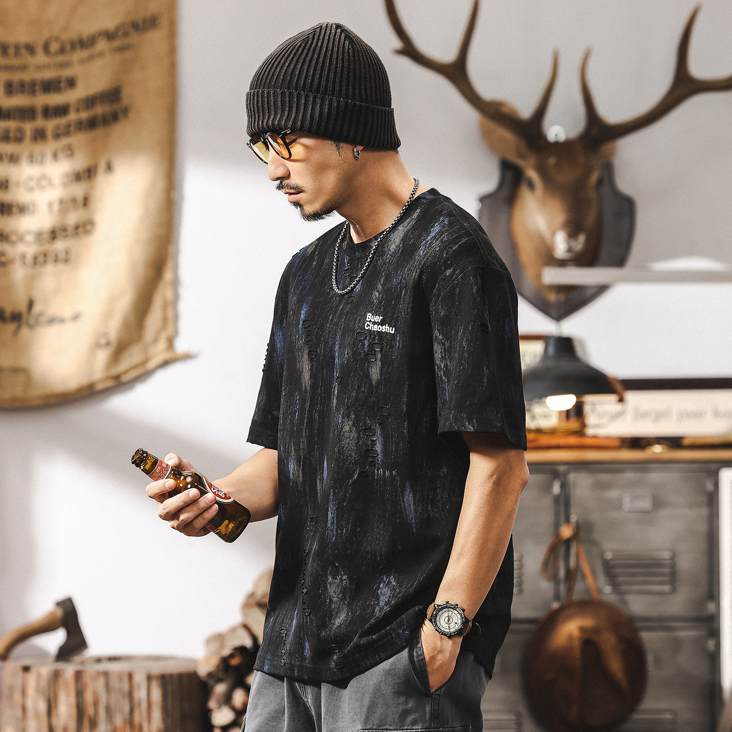 雲染洗褪破洞短袖美式高街T恤男夏季潮牌高級感提花男士休閒上衣