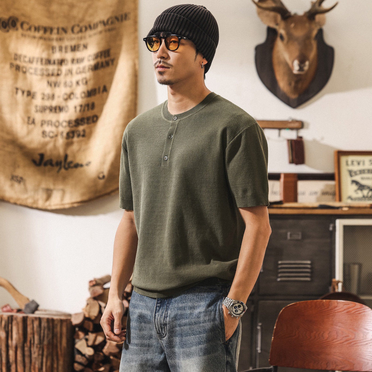 美式復古老錢風針織短袖Polo衫男夏季T恤新款寬鬆潮牌硬漢亨利衫