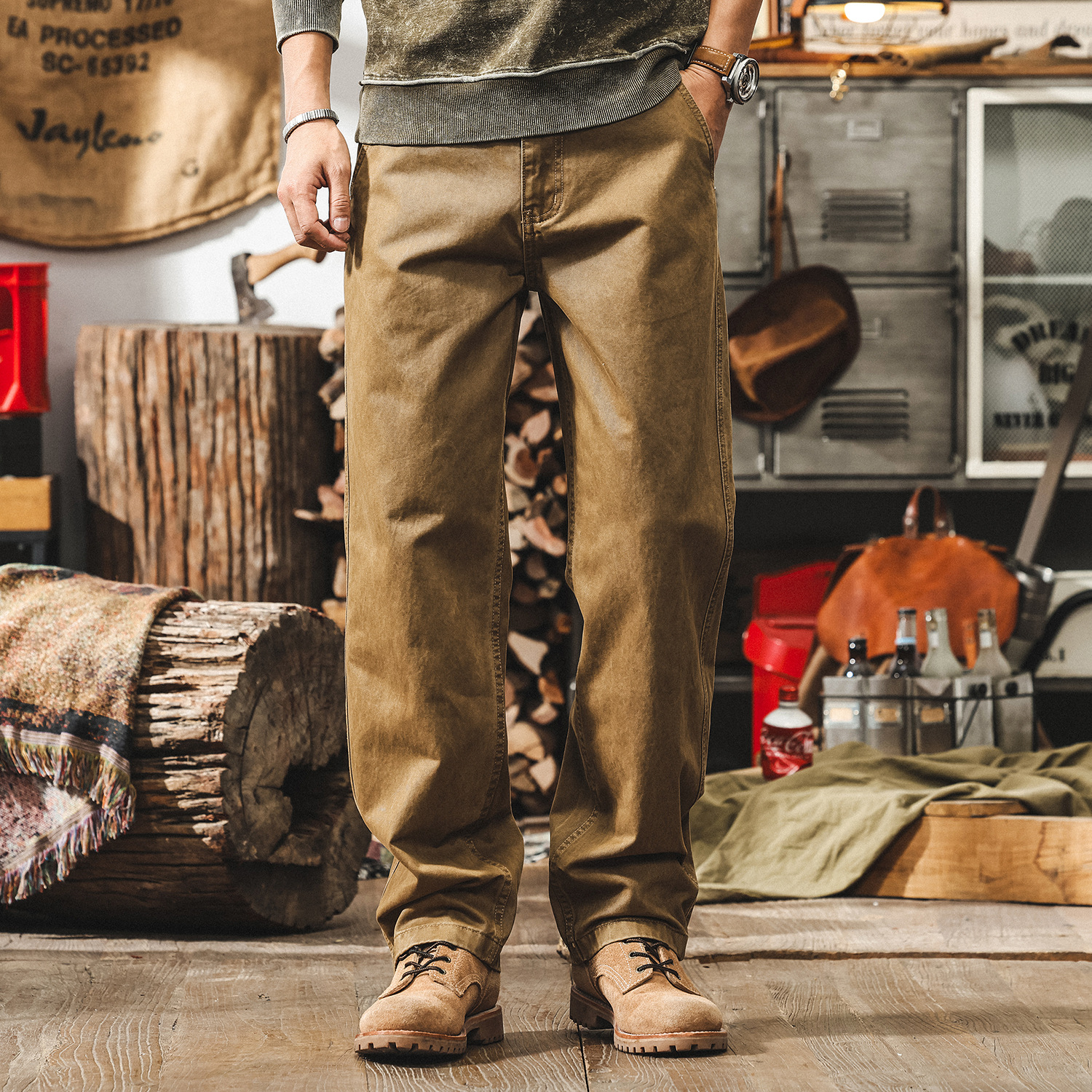 美式重磅復古工裝褲子男春季2025新款直筒長褲硬挺斜紋男士休閒褲