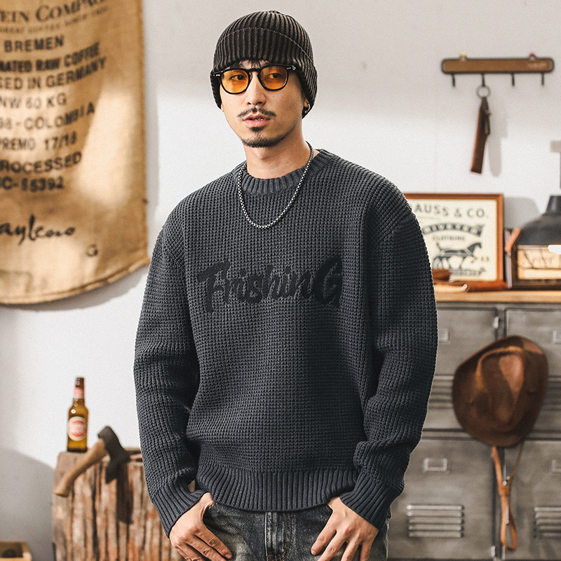 美式重磅復古毛衣男冬季潮牌寬鬆大碼加厚粗線針織衫男外套秋冬款