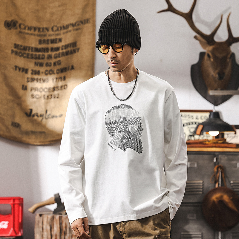 美式復古設計感重磅T恤男長袖春季寬鬆上衣男2025新款休閒圓領衫