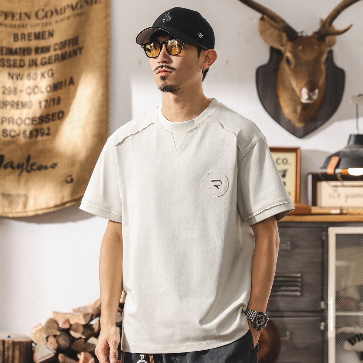 夏季新款重磅T恤男士短袖潮牌拼接寬鬆大碼美式復古休閒體恤上衣