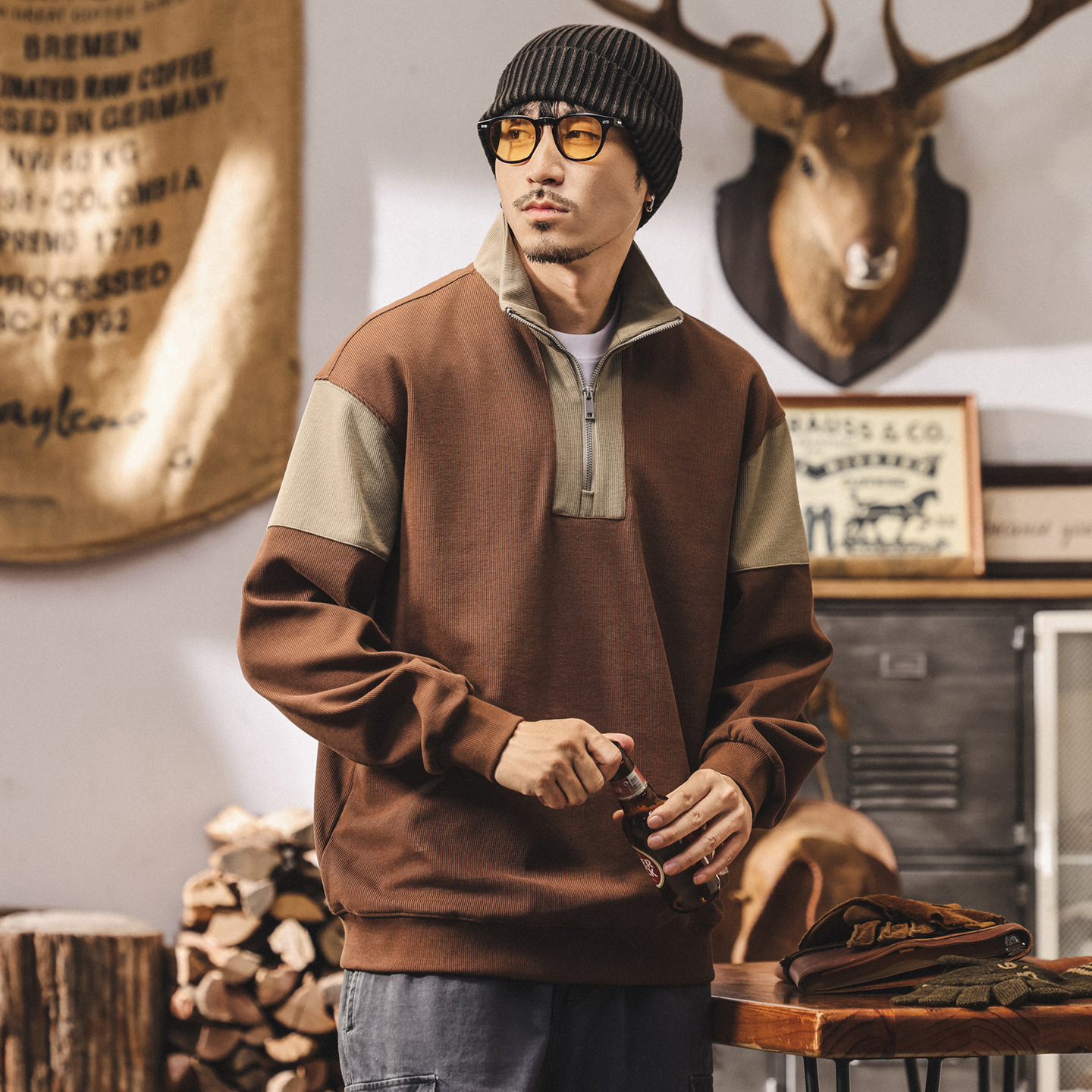 美式復古半拉鍊重磅衛衣男春秋2025新款撞色拼接寬鬆休閒上衣男潮