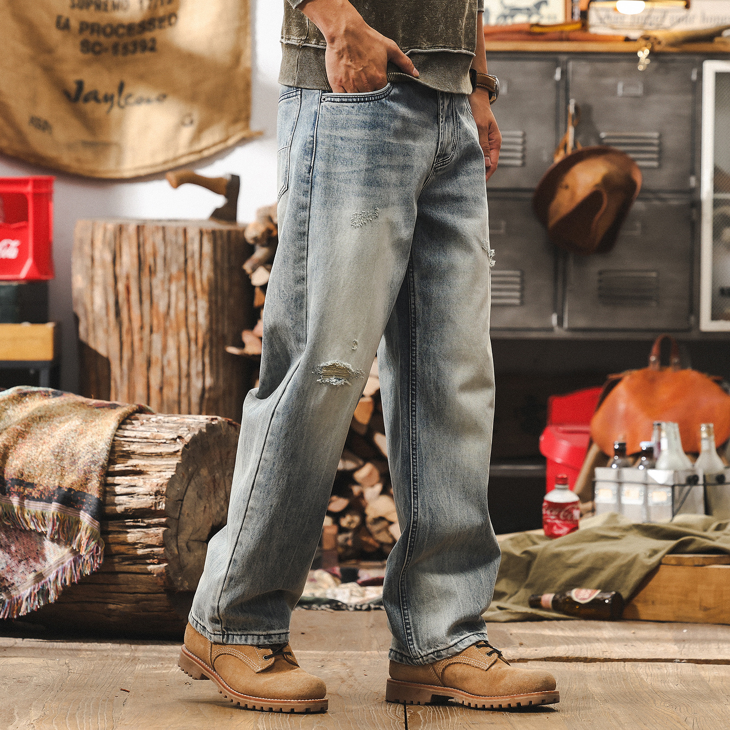 美式復古淺藍色牛仔褲男款春夏寬鬆直筒潮牌男士褲子破洞休閒長褲