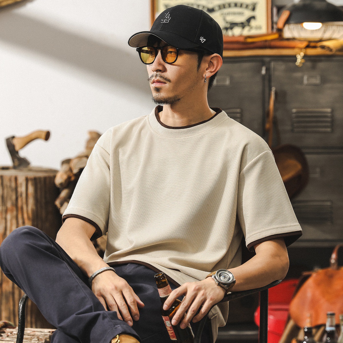 假兩件短袖T恤男夏季新款潮牌華夫格肌理感體恤寬鬆大碼男士上衣T