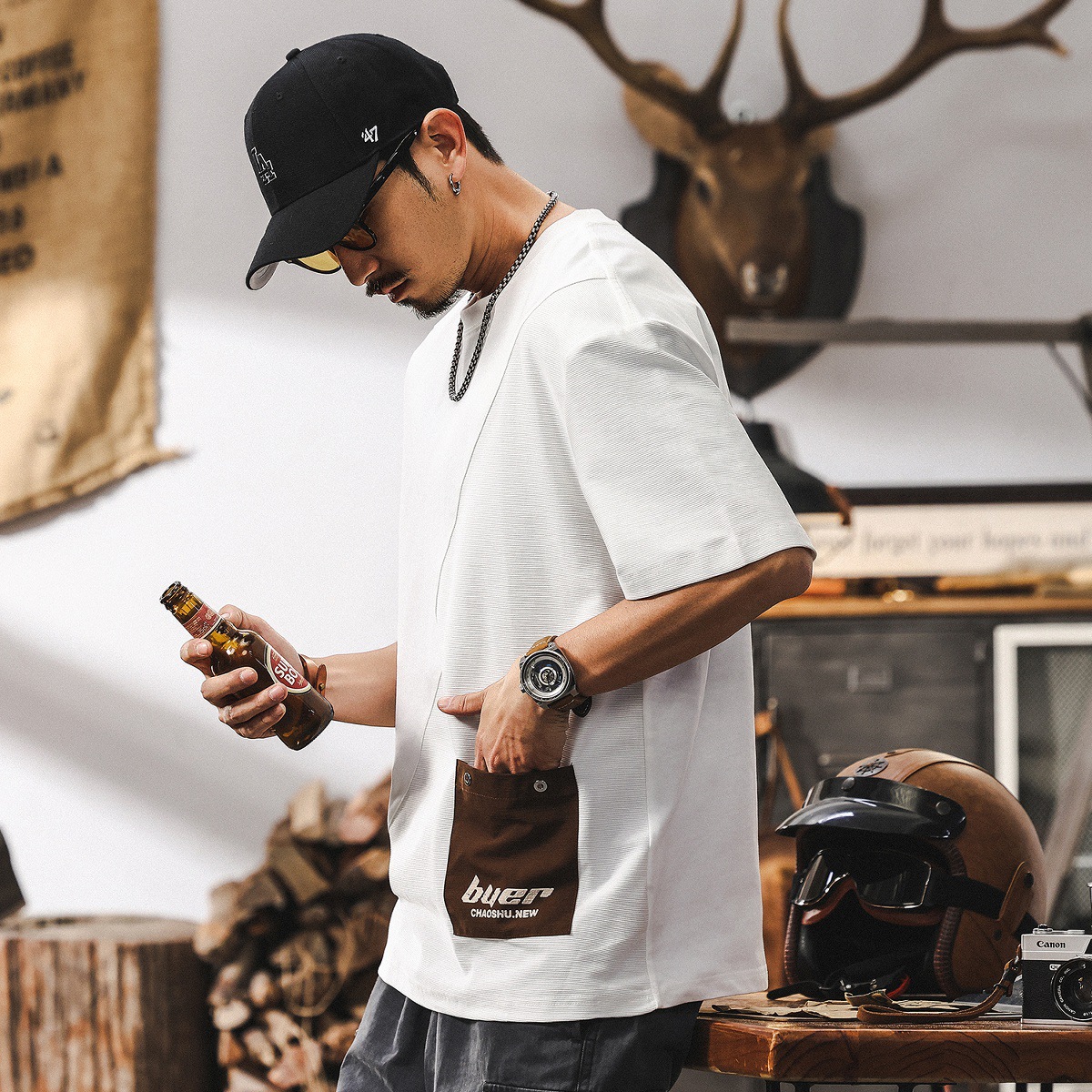 高級感拼接提花T恤男夏季美式短袖2025新款寬鬆潮牌男士半袖