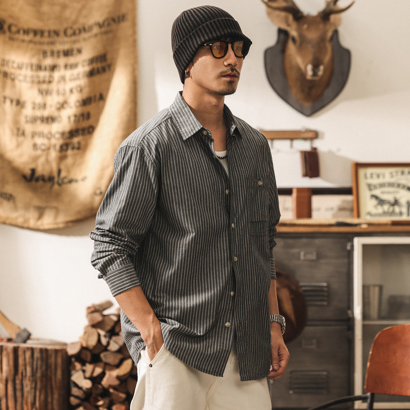 美式復古亞麻透氣條紋男士襯衫春季2026新款長袖工裝襯衣薄款外套