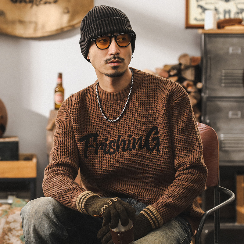 美式復古粗針菠蘿紋毛衣男冬季加厚潮牌重磅休閒針織衫秋冬款外套