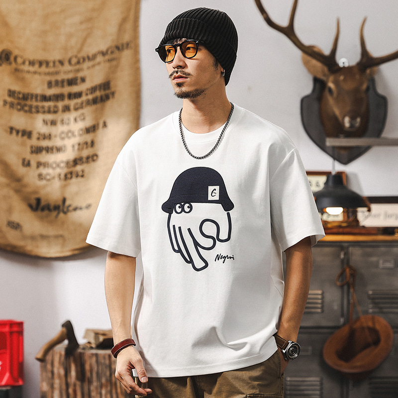 立體絨面印花40支涼感T恤男2025新款美式復古短袖男夏季寬鬆上衣