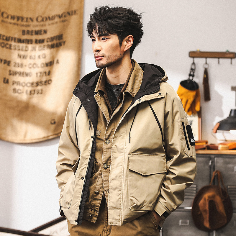 美式復古工裝外套男秋季山系戶外機能連帽衝鋒衣男士潮流休閒夾克