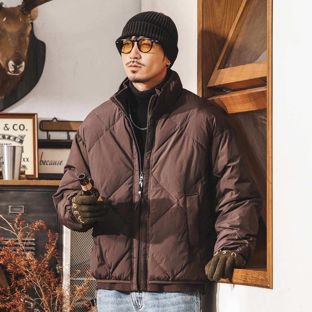 美式復古假兩件羽絨服男冬季90%純白鴨絨男士麵包服禦寒保暖外套