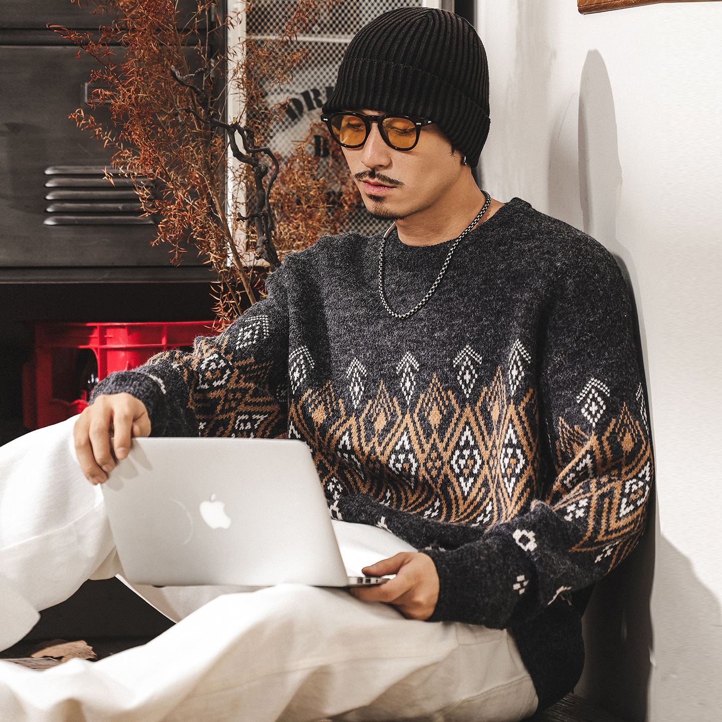 美式復古提花費爾島毛衣男秋冬2025新款潮流民族風寬鬆男士針織衫