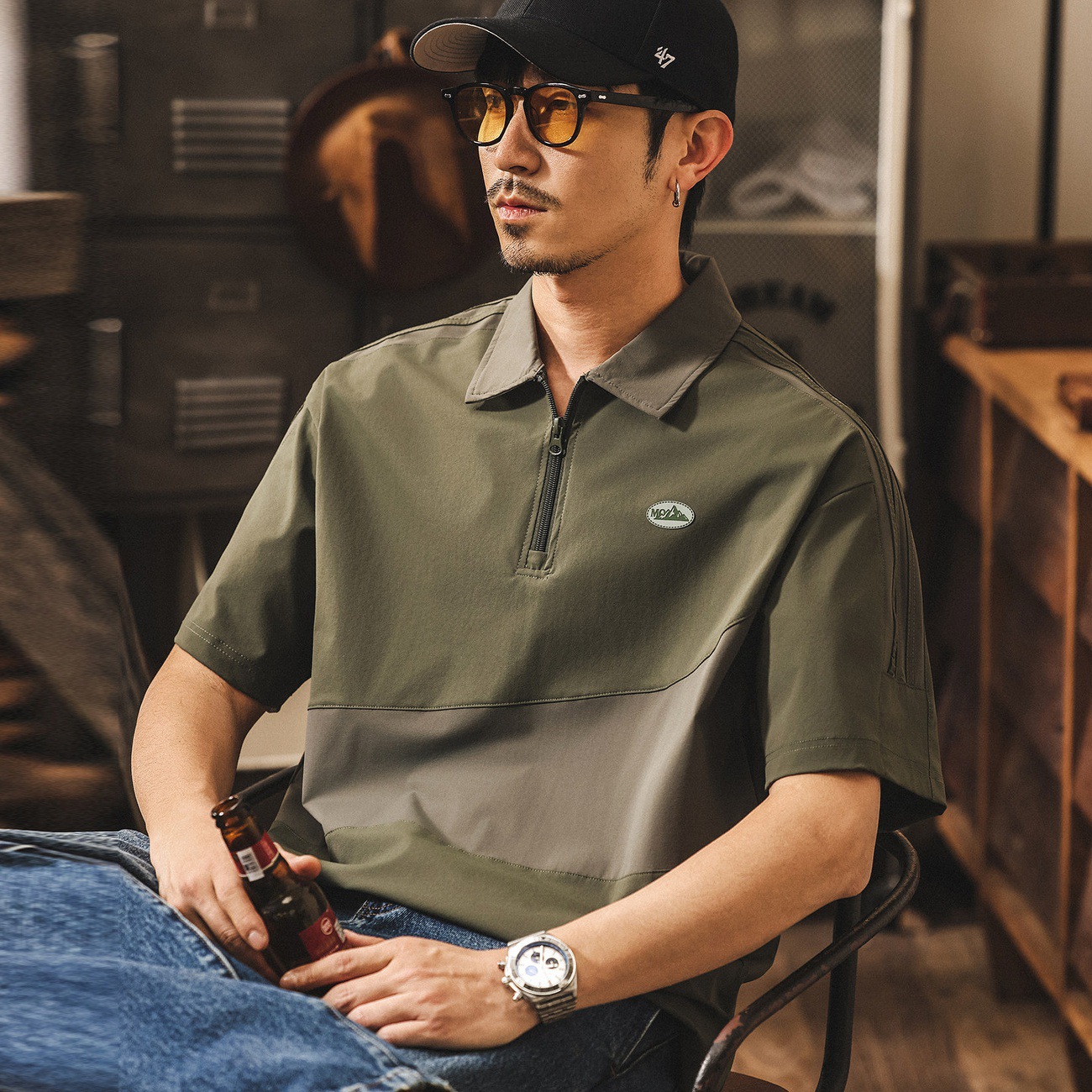 山系戶外美式復古短袖Polo衫男夏季薄款潮牌寬鬆T恤男半拉鍊上衣T