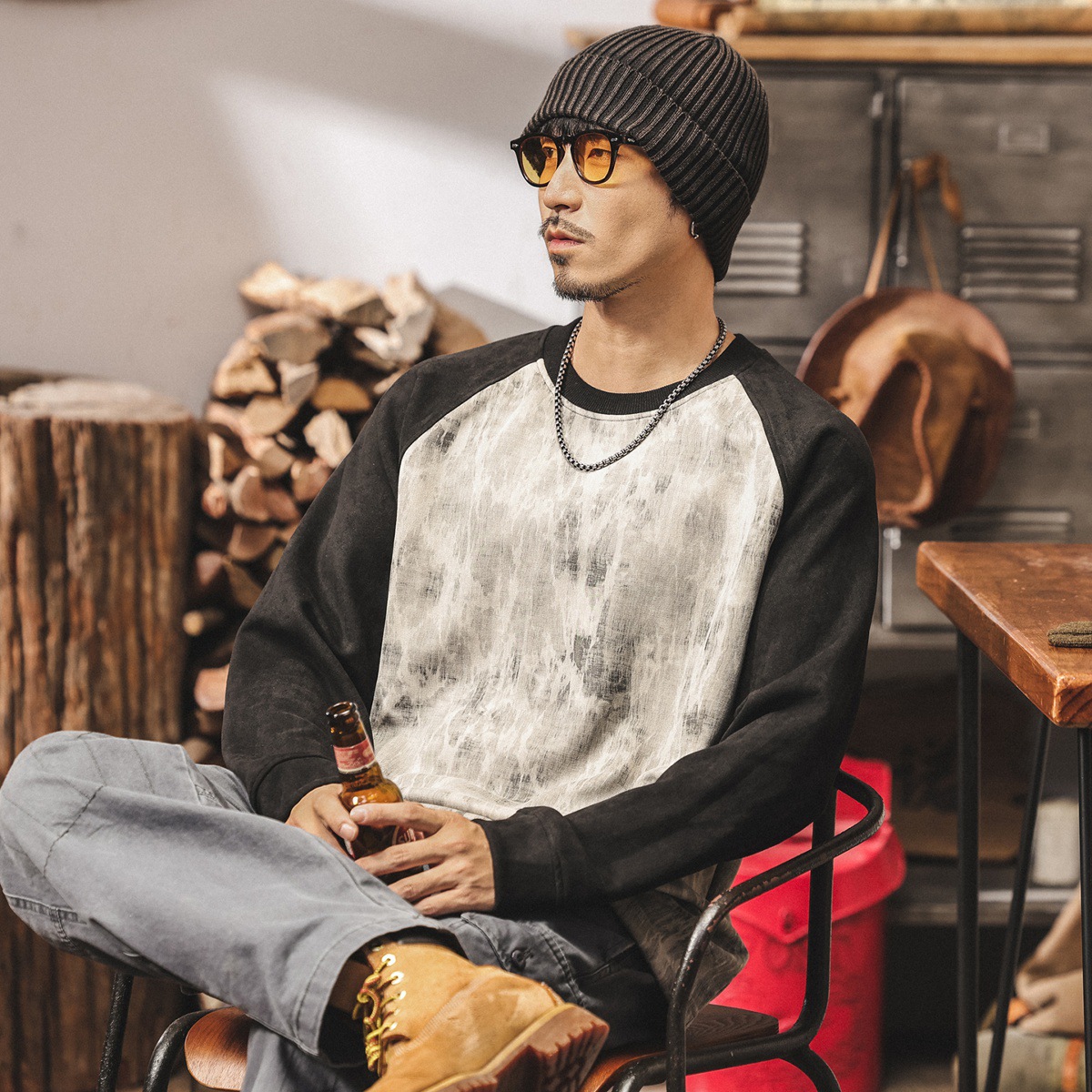 美式復古360g重磅空氣層麂皮絨衛衣男秋季新款插肩潮流長袖上衣男