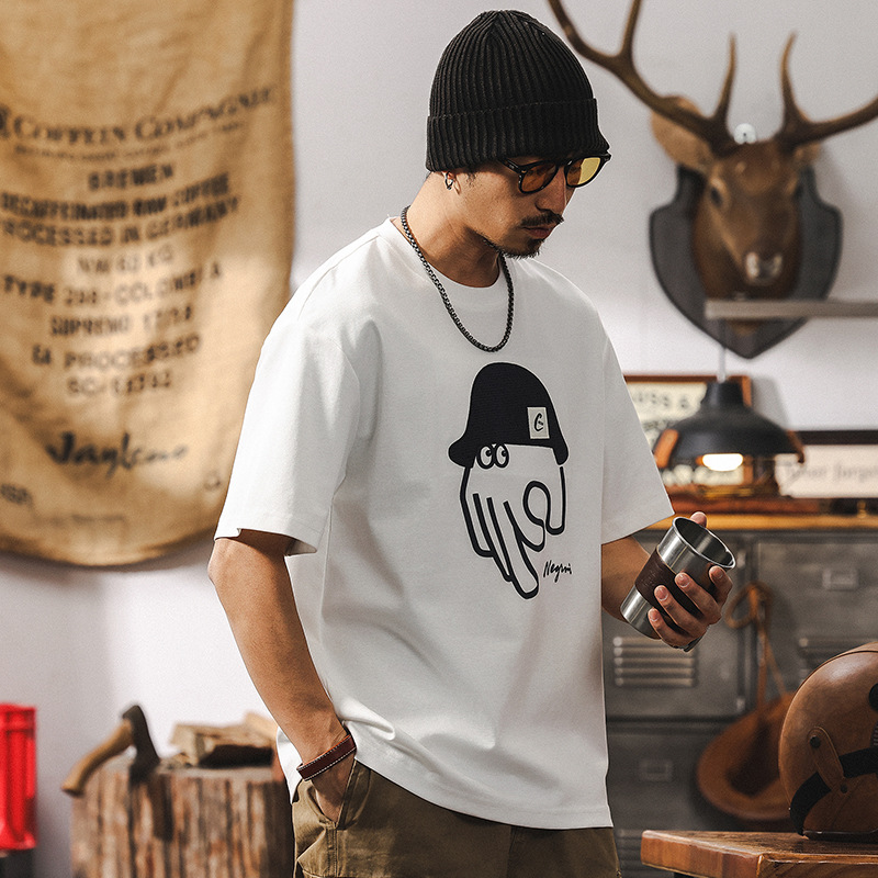 立體絨面印花40支涼感T恤男2025新款美式復古短袖男夏季寬鬆上衣