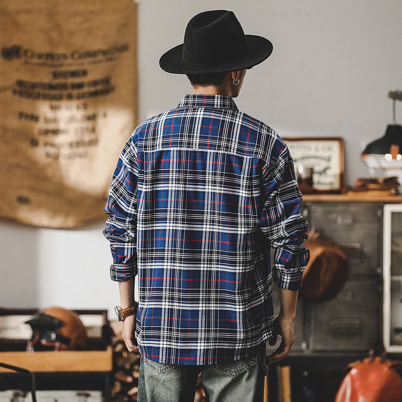 美式復古格子襯衫男長袖春季英倫風雅痞條紋襯衣男士外套春秋新款